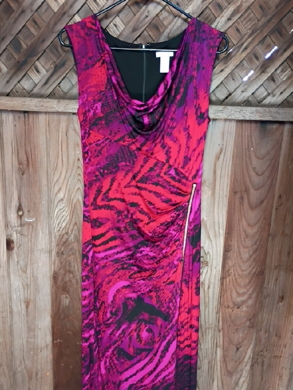 Cache Pink and Red Sleeveless Cowl Neck Maxi Dress